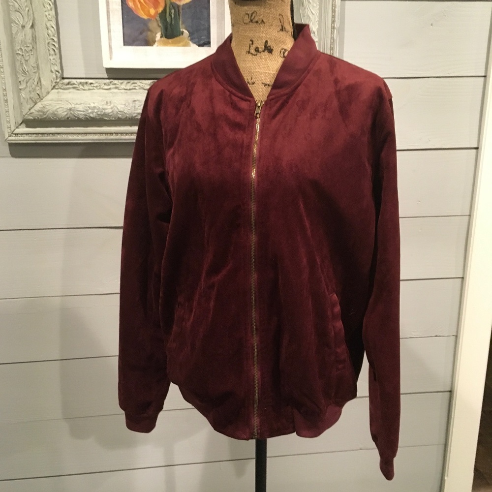 Faux Suede Wine Colored Bomber Jacket